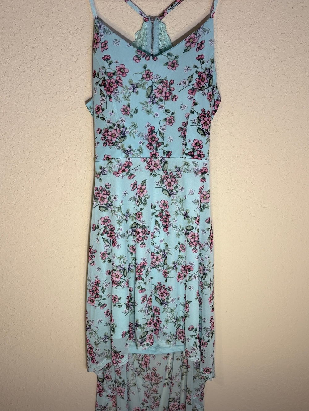 No Boundaries Light Blue Floral High-Low Slip Dress with Pink Flowers